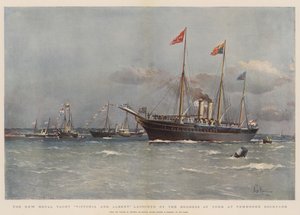 El nuevo yate real Victoria y Albert, lanzado por la Duquesa de York en el astillero de Pembroke (cromolitografía)